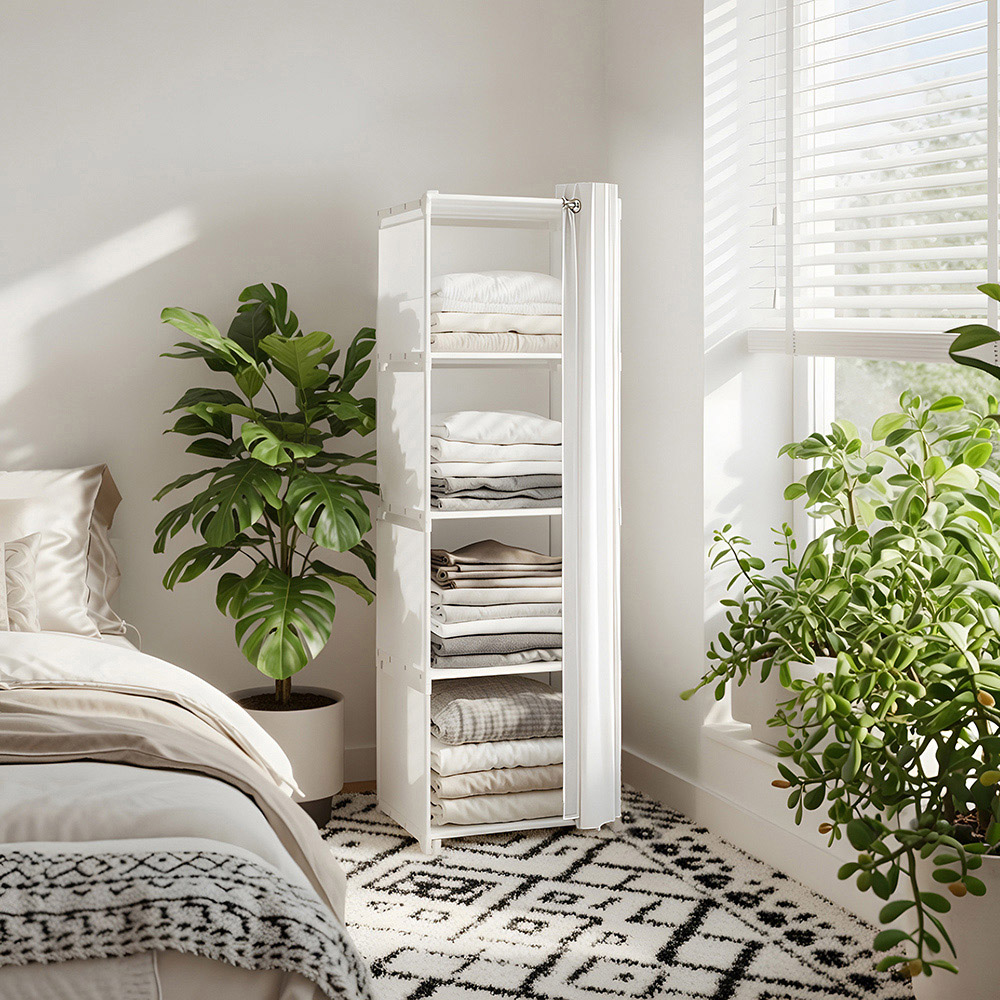Living and Home 4-Tier White Freestanding Portable Wardrobe with Curtain Image 7