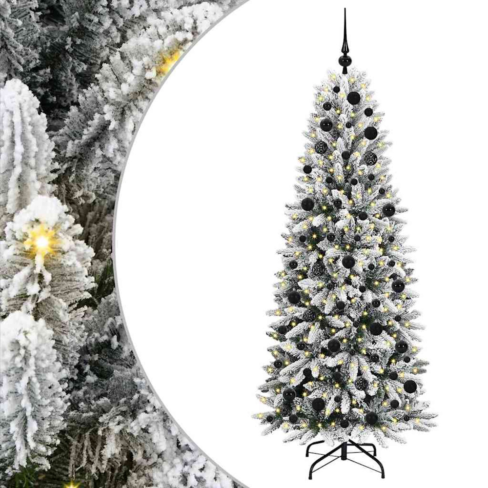 vidaXL Pre-Lit Black Baubles Artificial Snow Flocked Christmas Tree 6ft Image 2