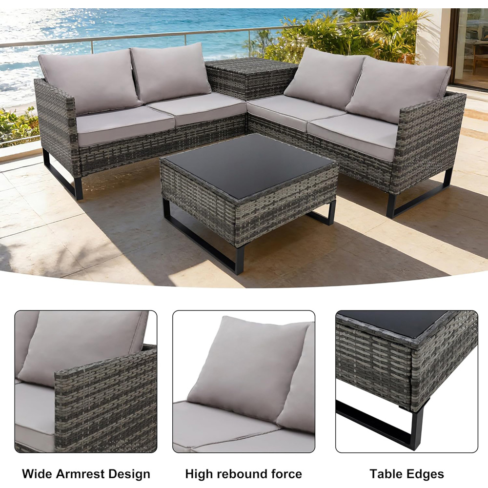 Alivio 4 Seater Grey Rattan L-Shaped Garden Sofa Set with Storage and Glass Coffee Table Image 6
