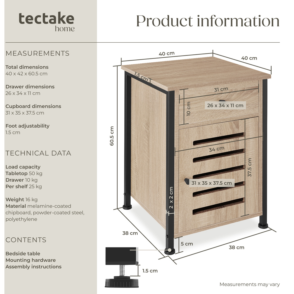 Tectake Waterford Single Door Single Shelf Sonoma Oak Bedside Table Image 9
