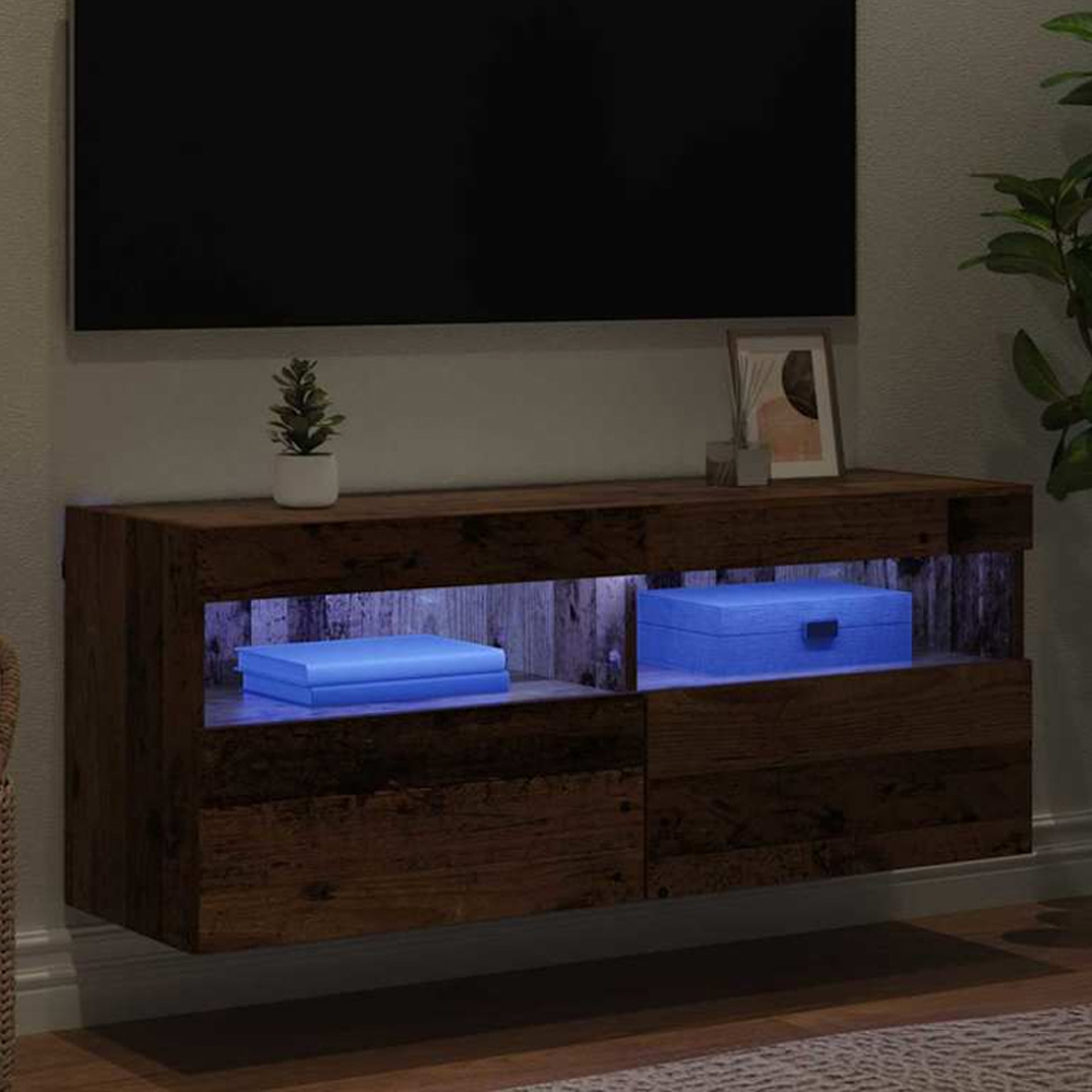 vidaXL 2 Door 2 Shelf Old Wood Wall Mounted Wide TV Cabinet with LED Light Image 1