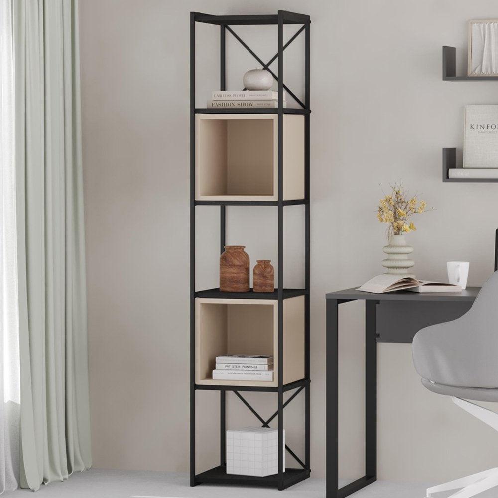 Decortie Vale Mini 5 Shelf Black Wood and Sandstone Bookcase Image 1