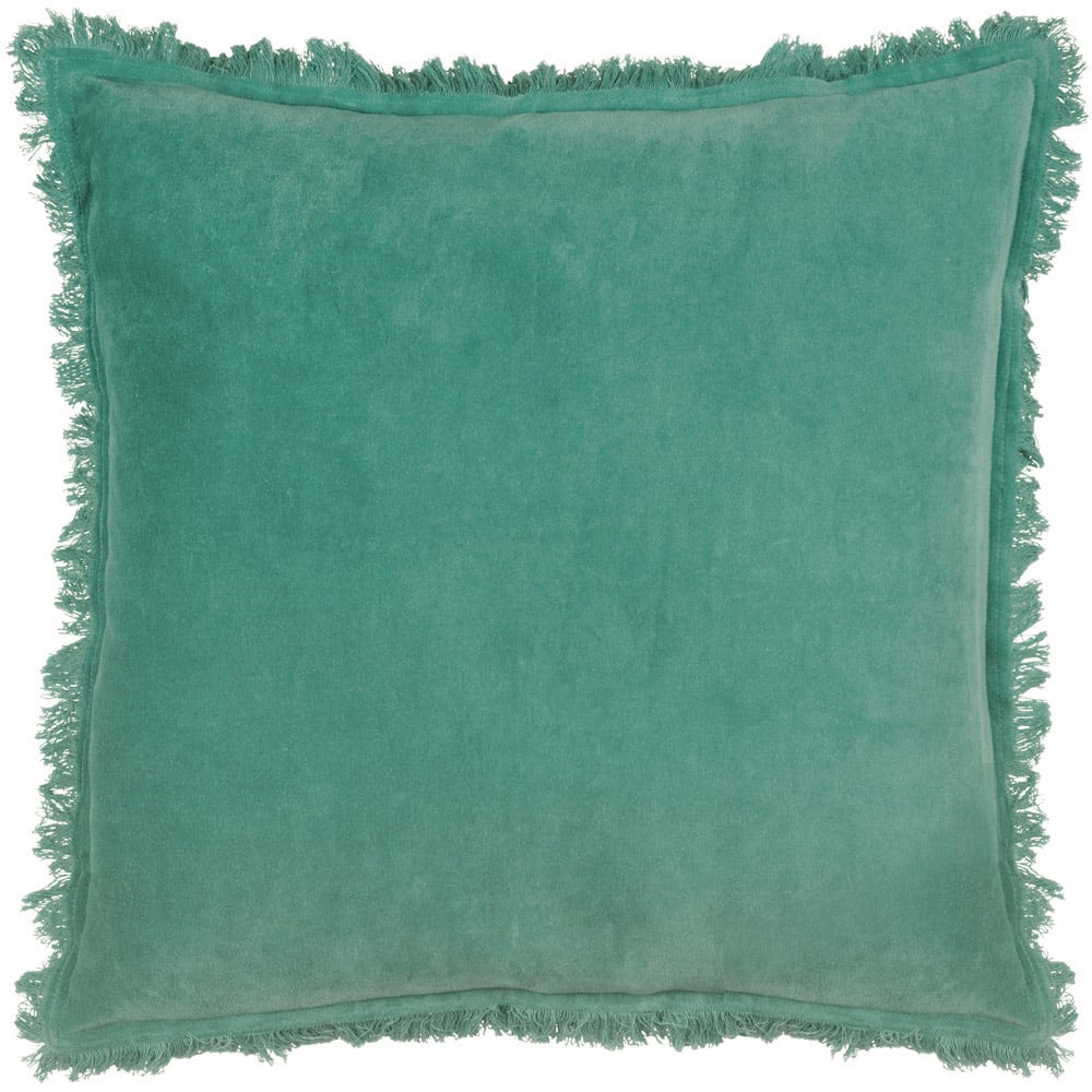 furn. Gracie Teal Velvet Fringed Cushion Image 1