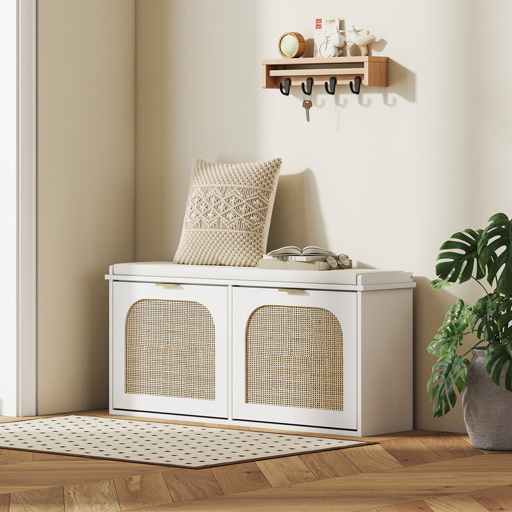 HOMCOM 2 Drawer White Boho Shoe Storage Bench Image 4