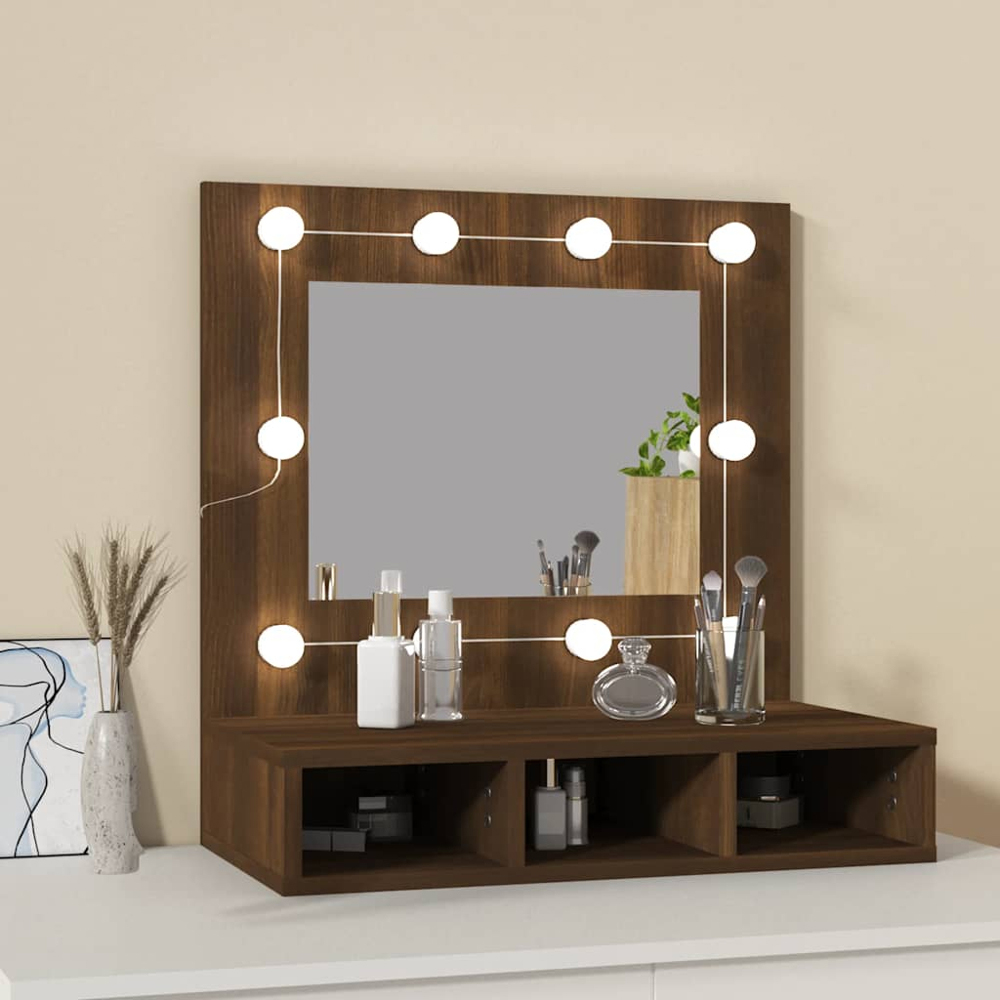 vidaXL 4 Open Shelf Brown Oak LED Mirror Bathroom Cabinet Image 9
