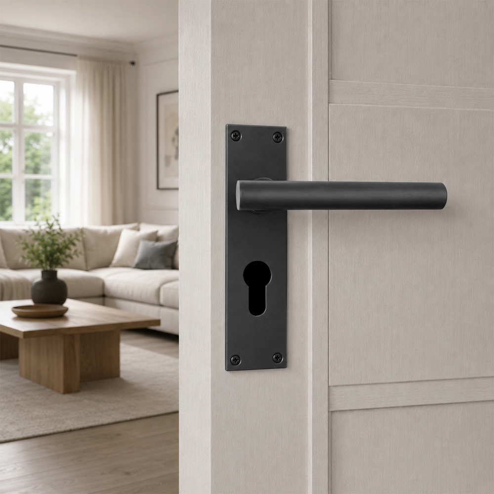 Spira Brass Jura Matt Black Lever on Backplate Door Handle with Euro Keyhole 2 Pack Image 2