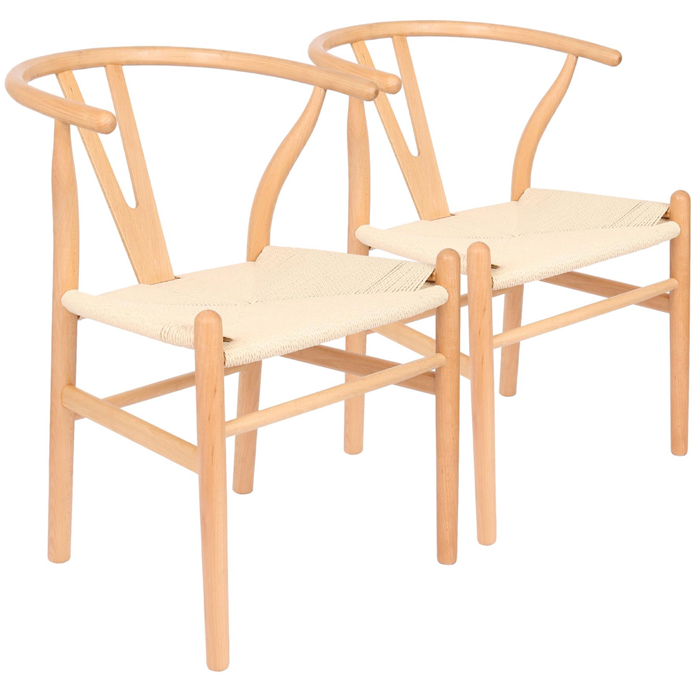 Nicholas Winter Set of 2 Natural Woven Rope Beech Wooden Wishbone Dining Chair Image 2