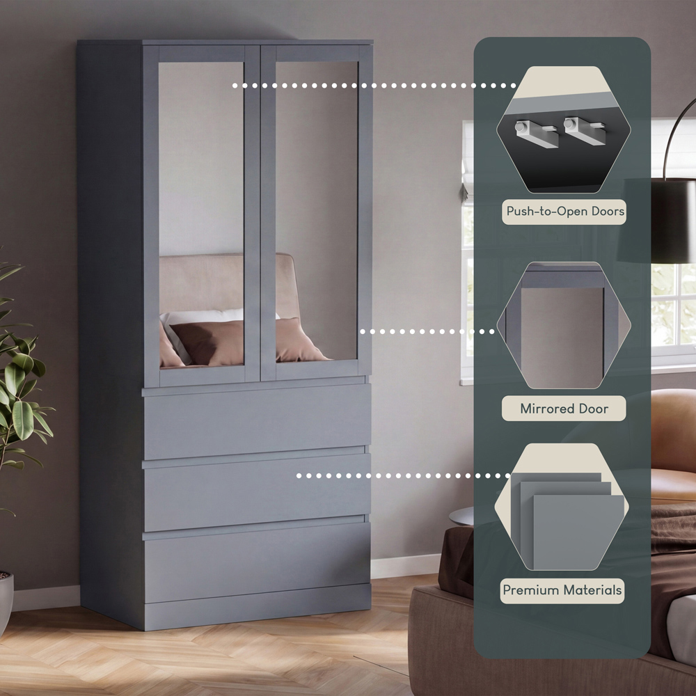 VIDA DESIGNS Denver 2 Door 3 Drawer Grey Mirrored Wardrobe Image 6