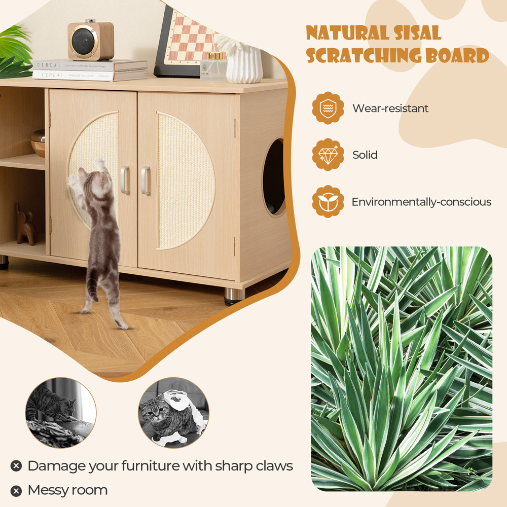 Costway Natural Cat Litter Box Enclosure with Sisal Scratching Doors Image 7