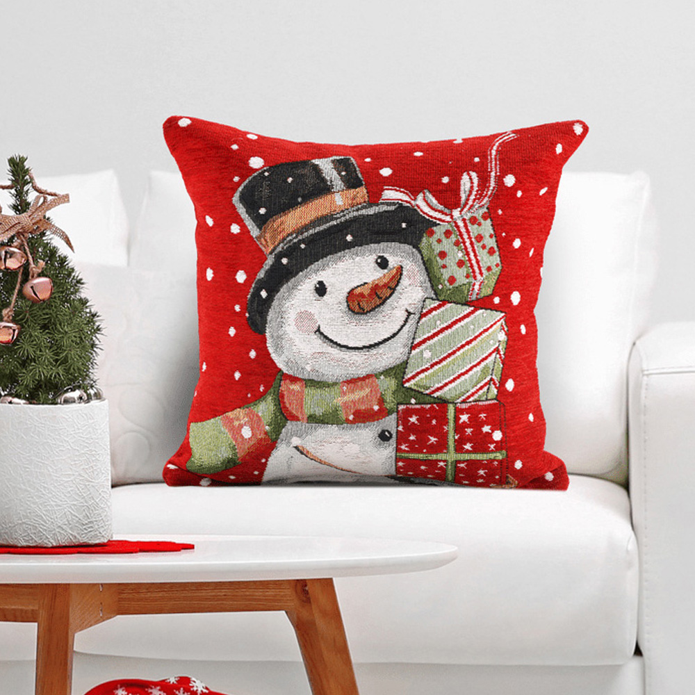 Noel Square Xmas Snowman Presents Cotton Chenille Cushion Image 2
