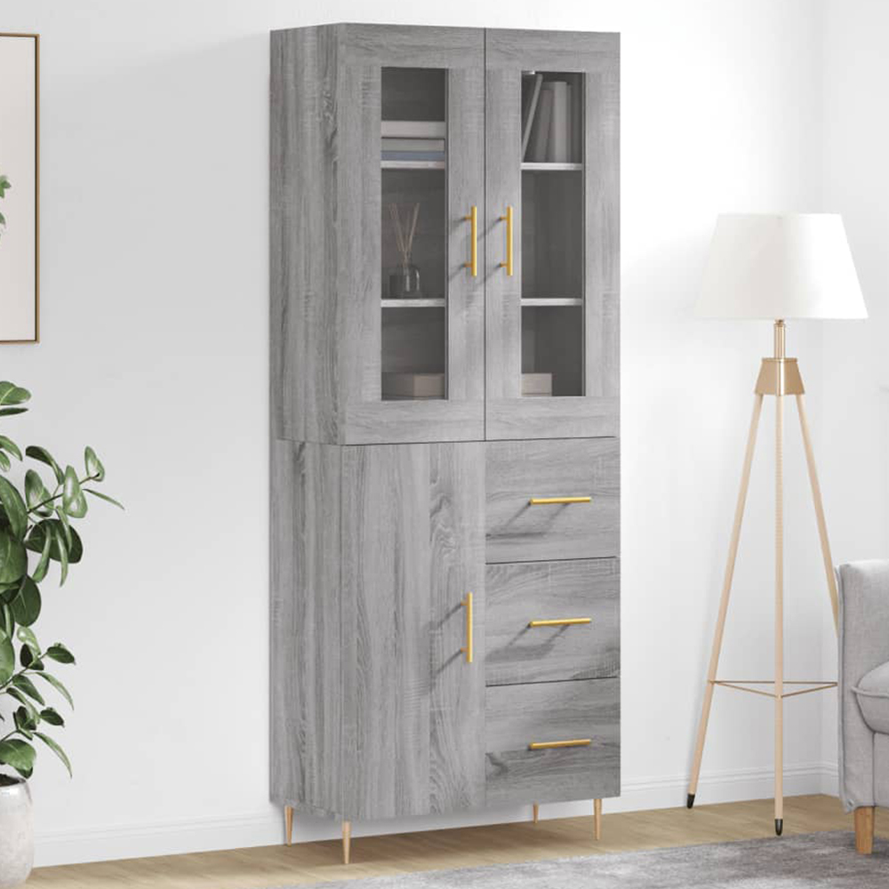 vidaXL 3 Glass and Wood Door 3 Drawer Grey Sonoma Highboard with Gold Handle Image 1
