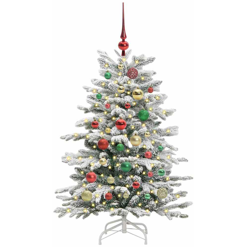 vidaXL Pre-Lit Multicolour Baubles White Artificial Snow Flocked Christmas Tree 4ft Image 1