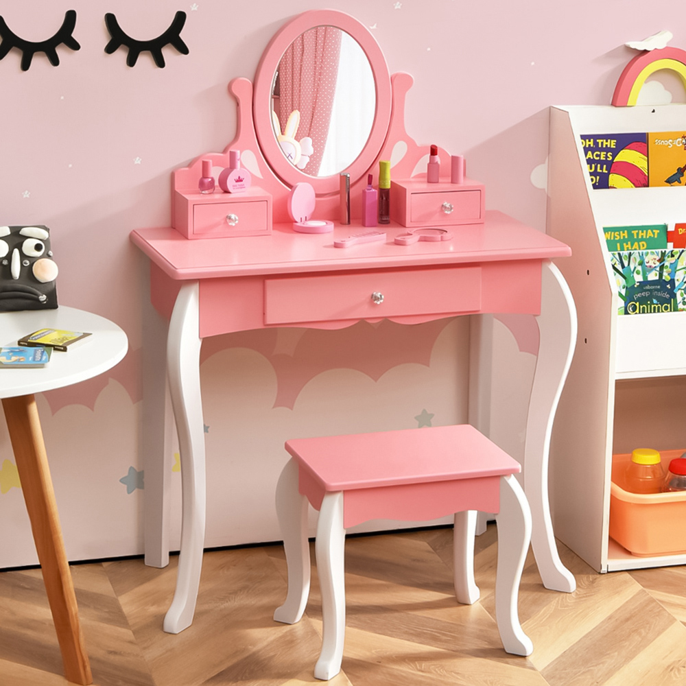Costway Kids Pink Vanity Table and Chair Set with Rotatable Mirror Image 1