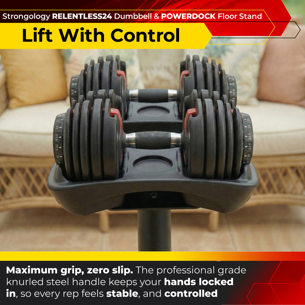 Strongology Relentless24 Adjustable Dumbbell Pair with Powerdock Floor Stand 2.5kg to 24kg Image 8