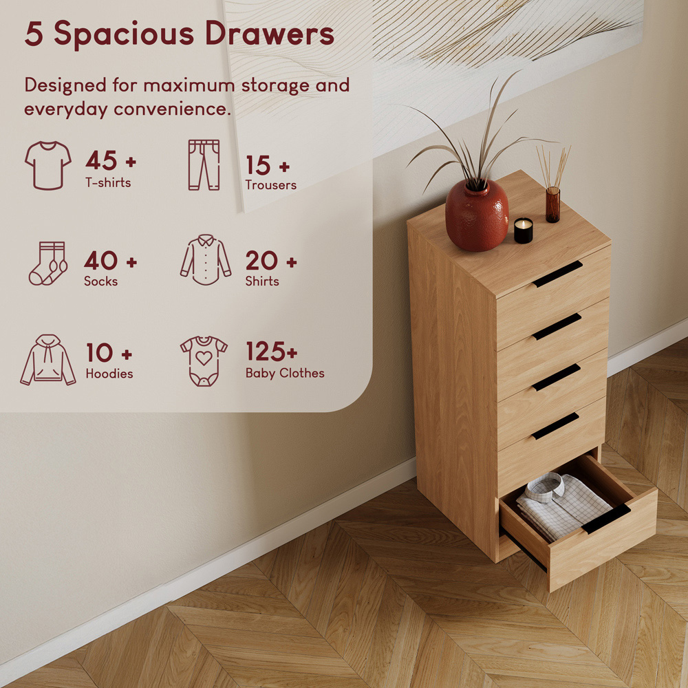 VIDA DESIGNS Trega 5 Drawer Pine Narrow Bedside Cabinet Image 6