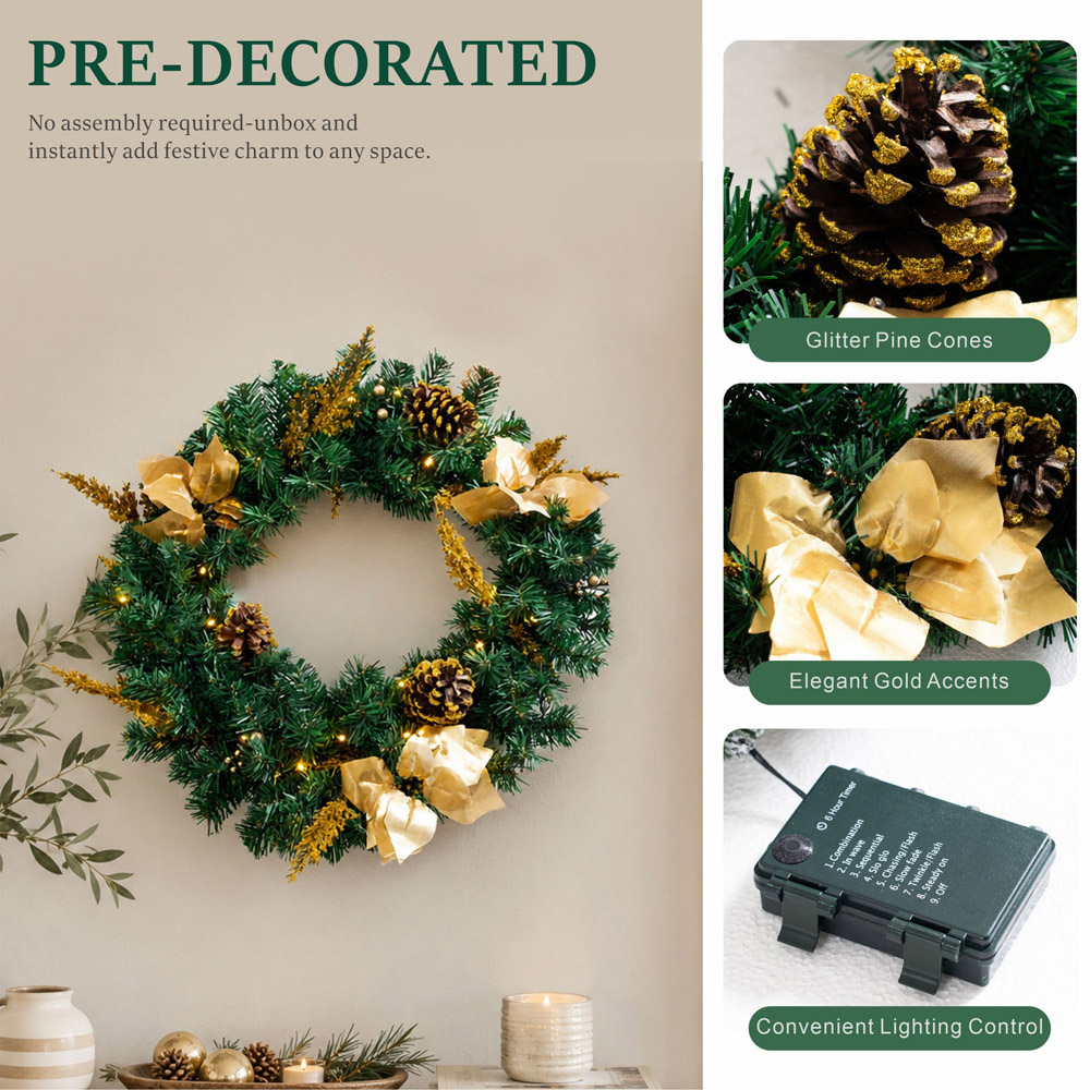 Abrihome 35 Warm White LED Artificial Christmas Wreath with Pinecones Berries and Branches 50cm Image 5