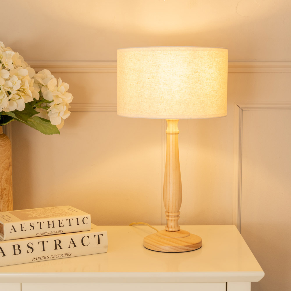 ValueLights Victoria Linen White Edge Drum Shade Light Wood Candlestick LED Table Lamp Image 2