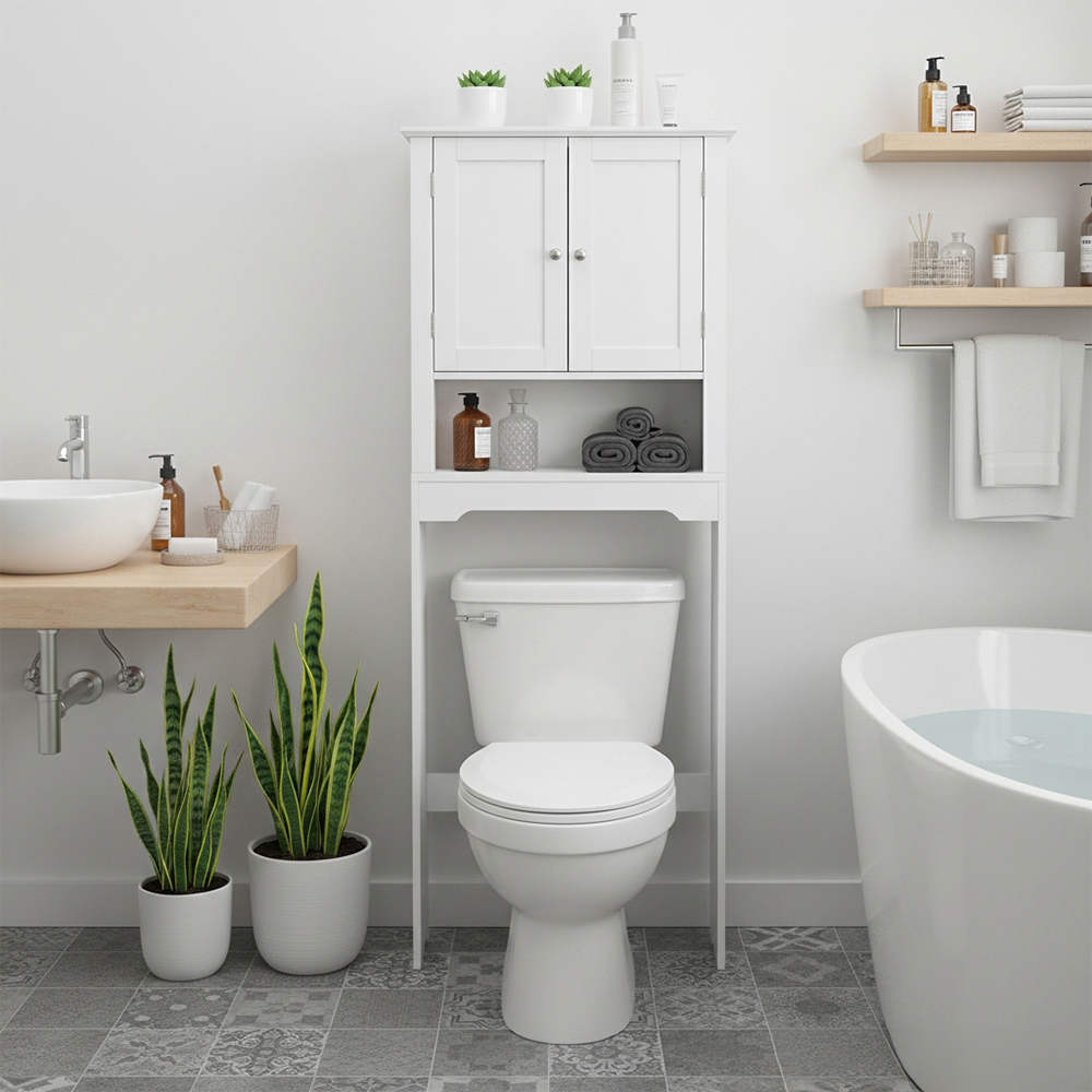 Living and Home 2 Door Single Shelf White Over The Toilet Storage Cabinet Image 8