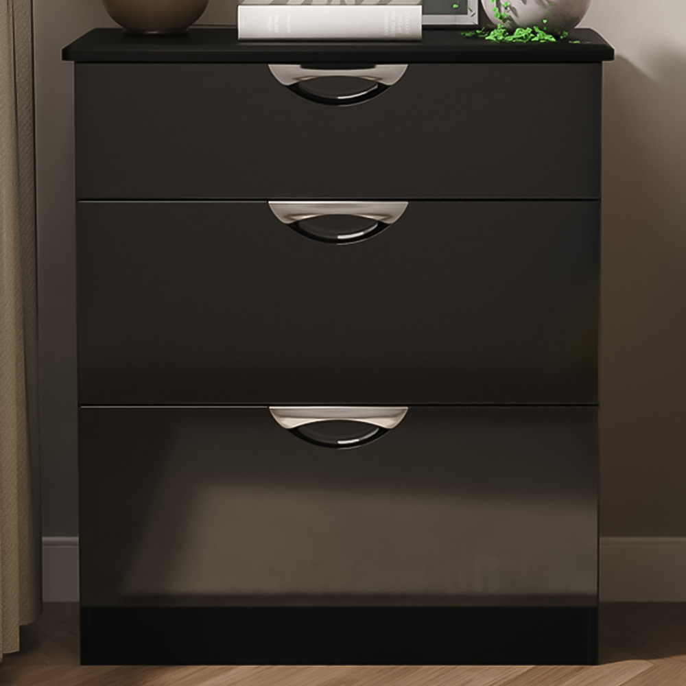 Crowndale Camden 3 Drawer Black Gloss and Black Deep Chest of Drawers Ready Assembled Image 1
