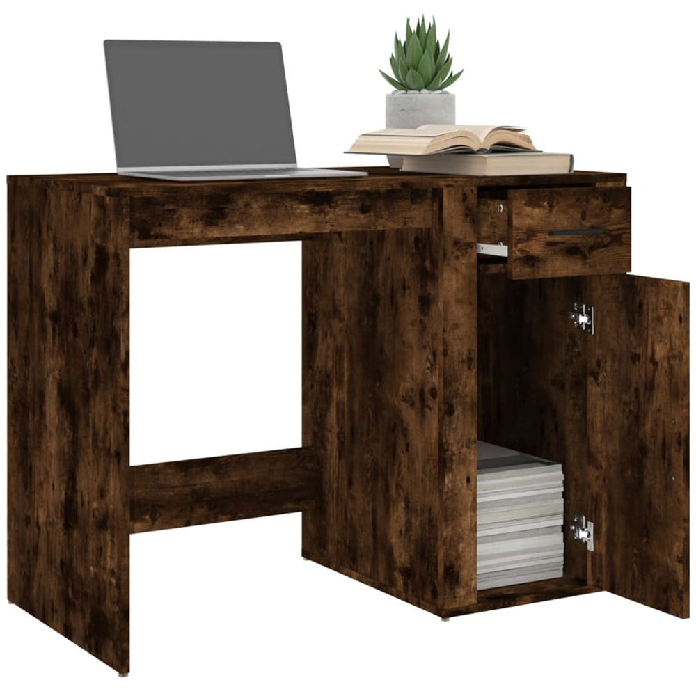 vidaXL Single Door Single Drawer Computer Desk Smoked Oak Image 4