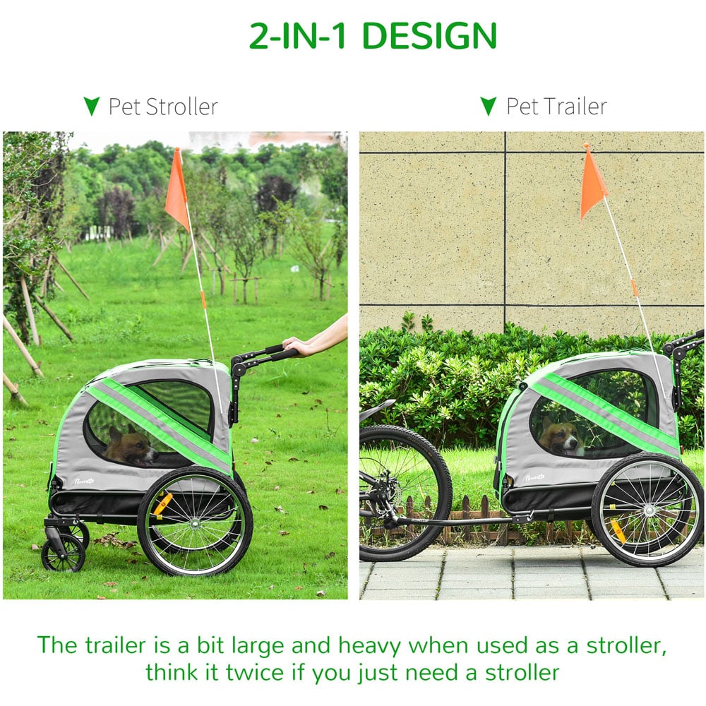 PawHut Green 2 in 1 Dog Bike Trailer Stroller with Flag Image 4