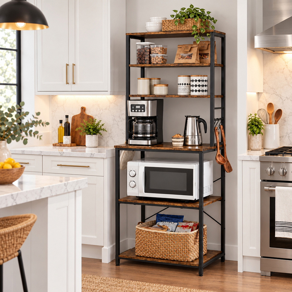 Modcraft 6 Shelf Black and Rustic Brown Adjustable Industrial Kitchen Storage Rack with 6 Hooks Image 2