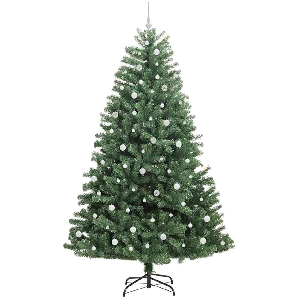 vidaXL Pre-Lit White Baubles Green Artificial Hinged Christmas Tree 8ft Image 4