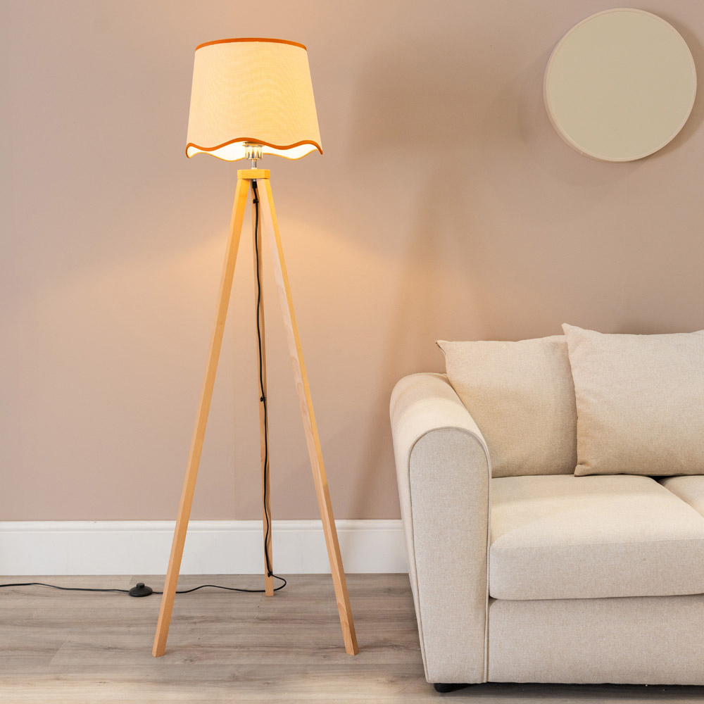 ValueLights Barbro Rust Trim Scallop Shade Natural Tripod Floor Lamp and Bulb Image 2