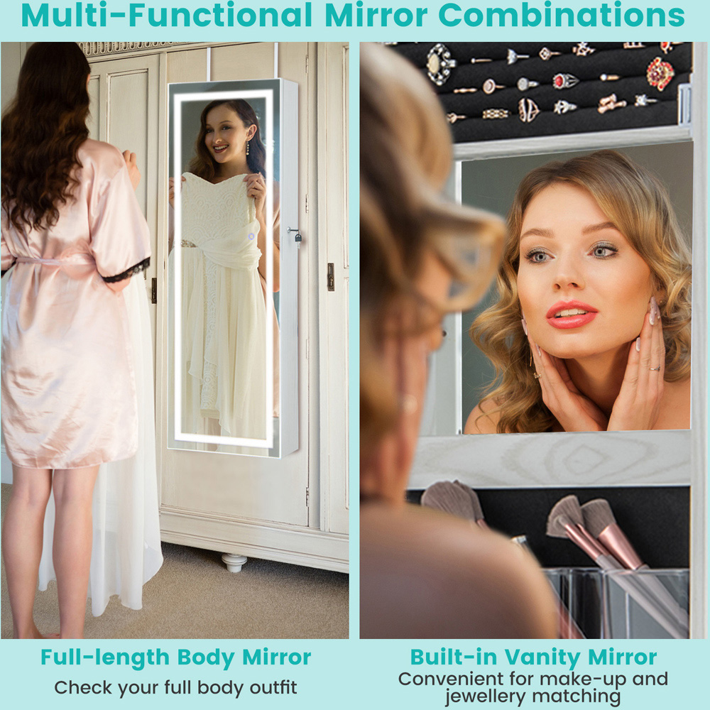 Costway White LED Mirror Jewellery Cabinet with Lockable Magnetic Door Image 5