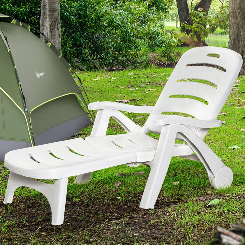 Outsunny White Plastic Folding Sun Lounger Chair on Wheels Image 1
