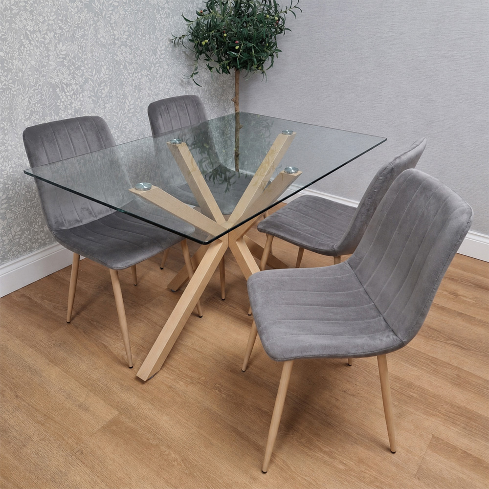Kosy Koala 4 Seater Tempered Glass Velvet Dining Set Grey Image 3