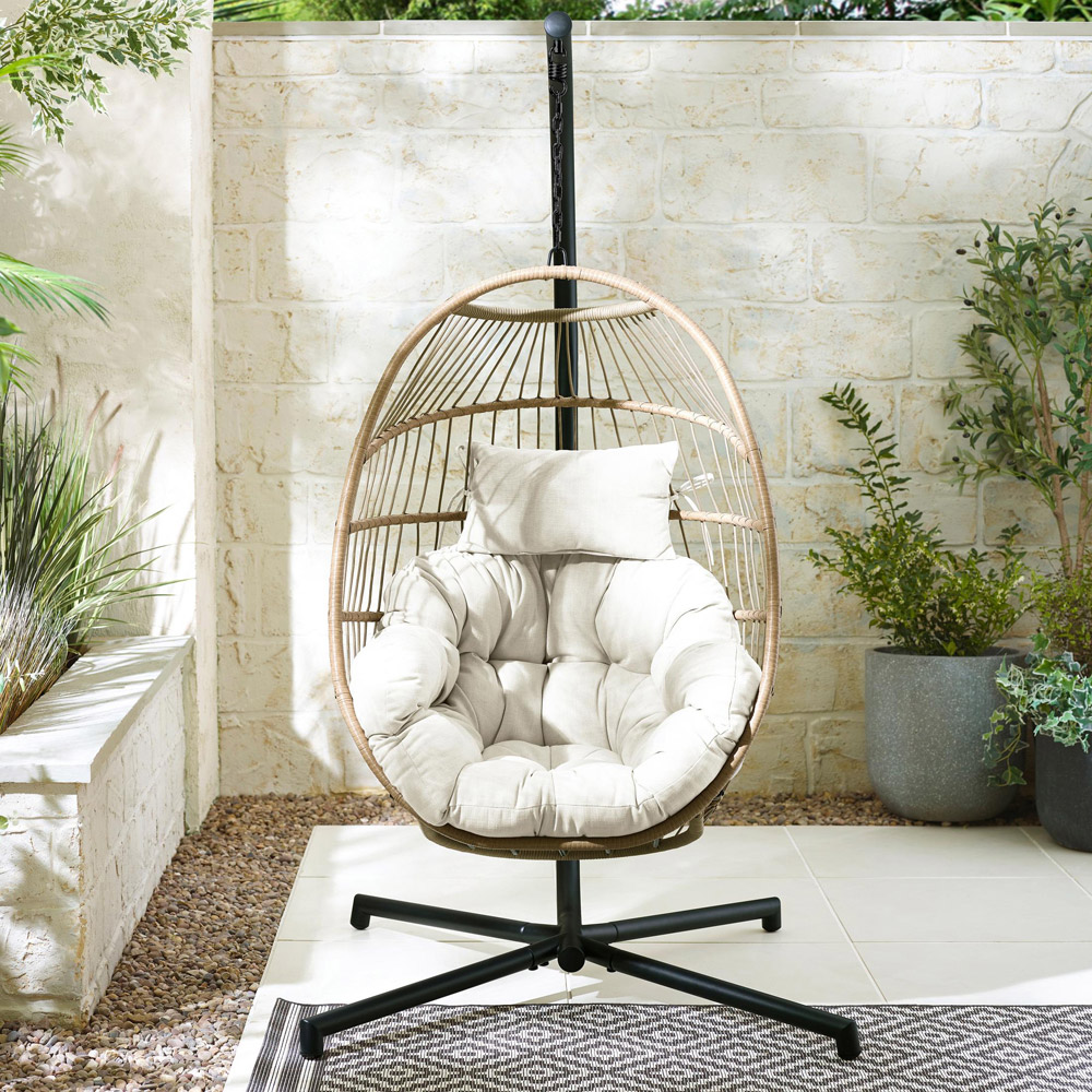 Furniturebox Veza Rattan Light Brown Hanging Egg Chair with Cream Cushion Image 6