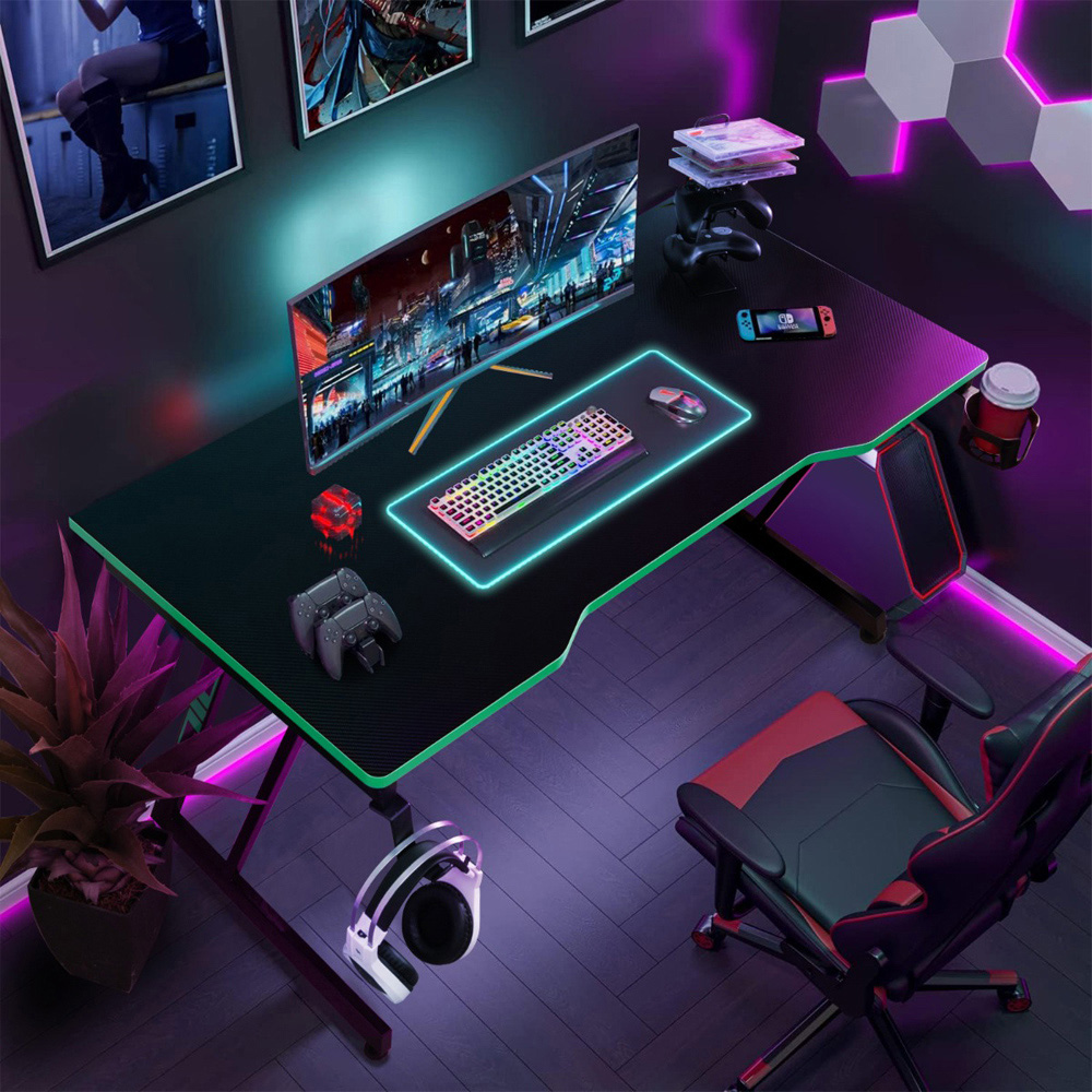 Costway Z-Shaped Computer Desk with Headphone Hook and Cup Holder Green Image 3
