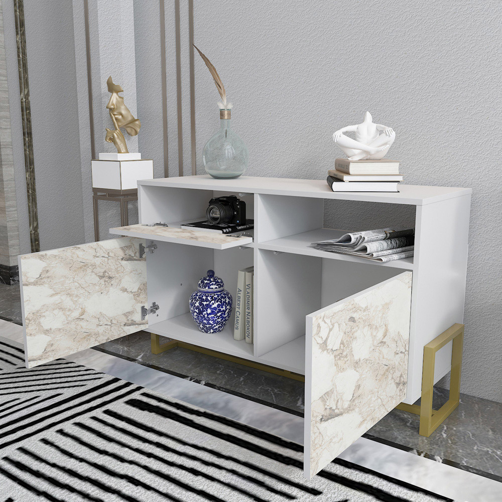 Decorotika Utopie 3 Door Singe Shelf White and White Marble Effect Modern Storage Cabinet Image 6