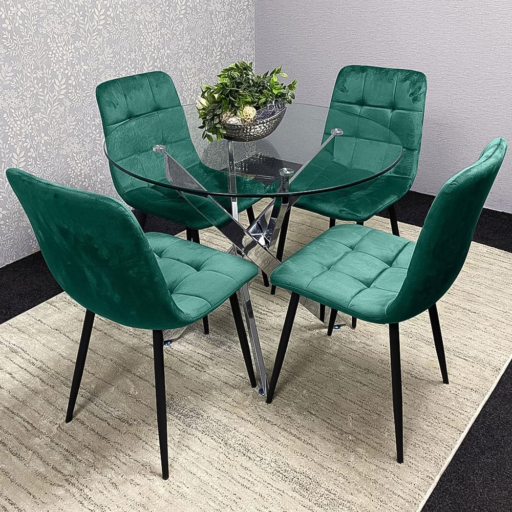 Kosy Koala 4 Seater Glass Round Dining Set Green Velvet Image 1