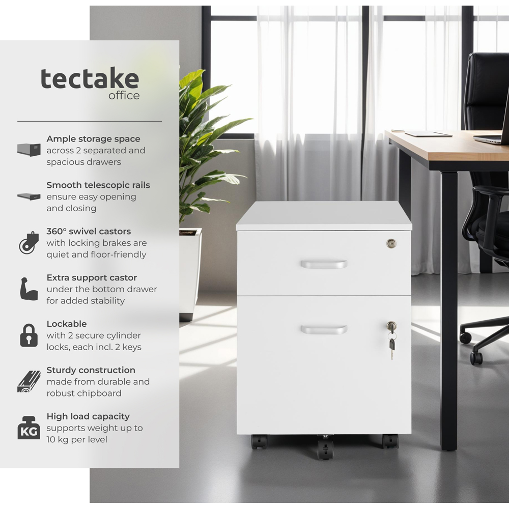 tectake 2 Lockable Drawer White Filing Cabinet Image 8
