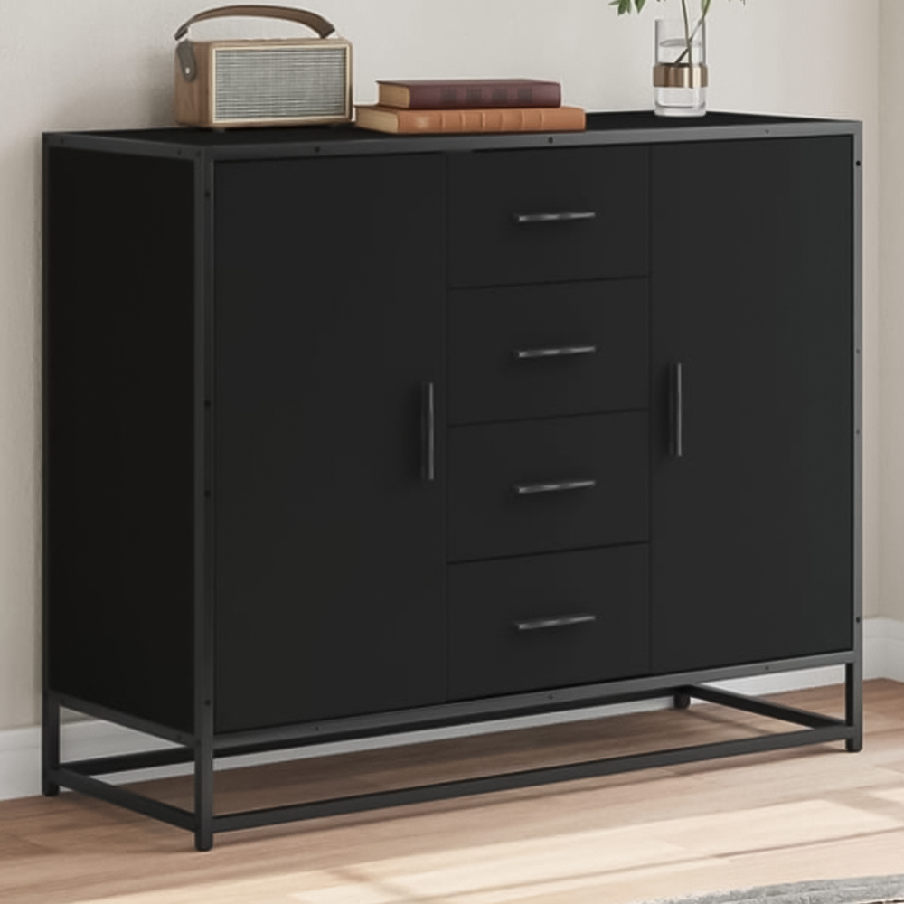 vidaXL 2 Door 4 Drawer Black Metal Frame Wooden Sideboard Image 1