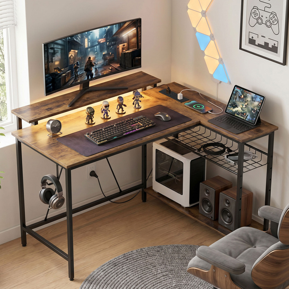 HOMCOM 3 Shelf L-Shaped Office Desk with LED Rustic Brown Image 1