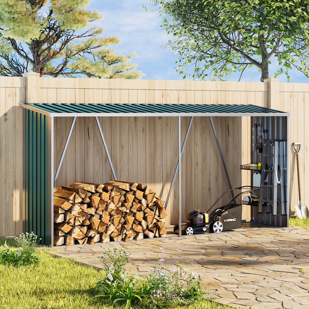 Living and Home 11 x 2.7ft Green Zinc Steel Garden Log Storage Shed Image 2