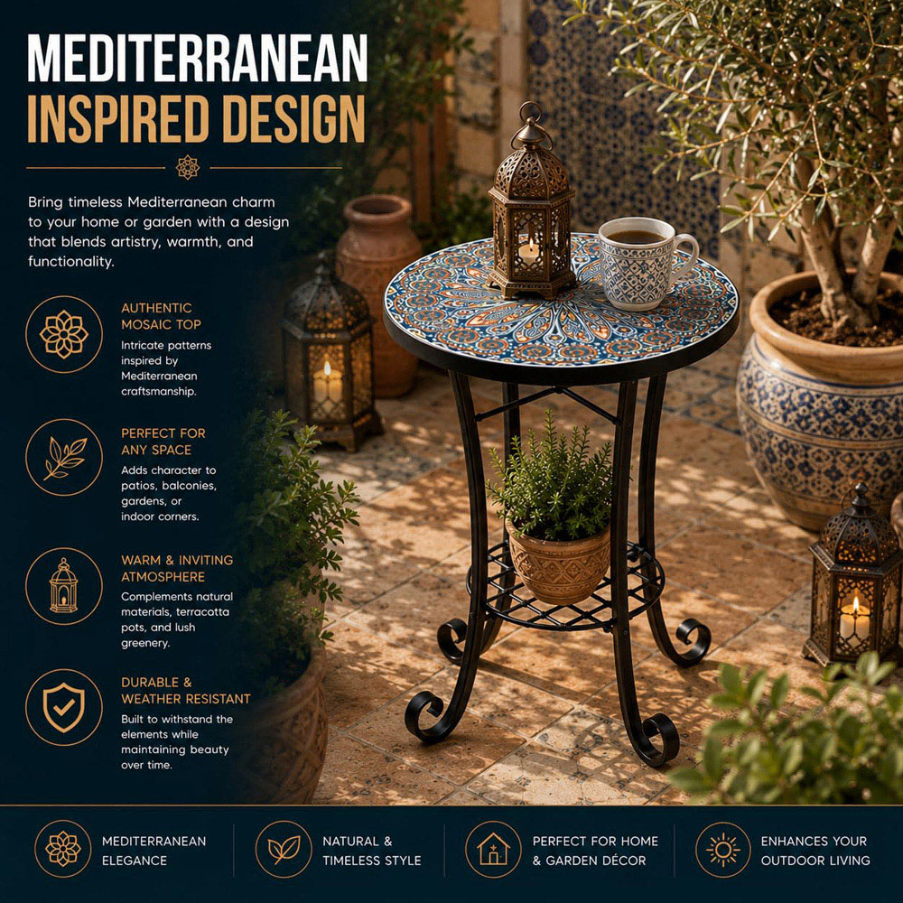 Shatchi Cairo 2-in-1 Single Shelf Mosaic Ceramic Tile Top Plant Stand Side Table Image 7
