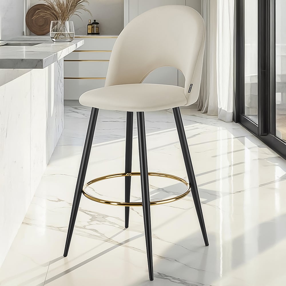 tectake Rachel Cream and Black Velvet Look Bar Stool Set of 4 Image 1