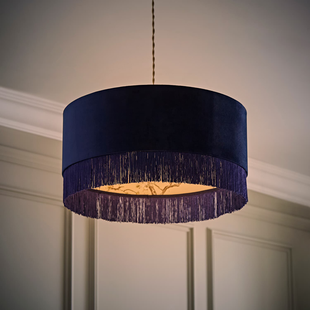 ValueLights Kimberly Navy Blue Velvet Printed Inner Fringe Easy Fit Ceiling Lamp Shade 50cm Image 2