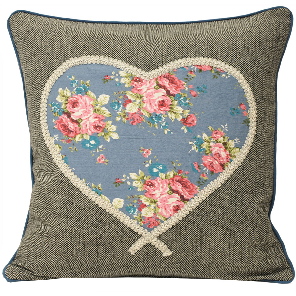 Paoletti Sweet Cottage Denim Heart Embroidered Cushion Image 1