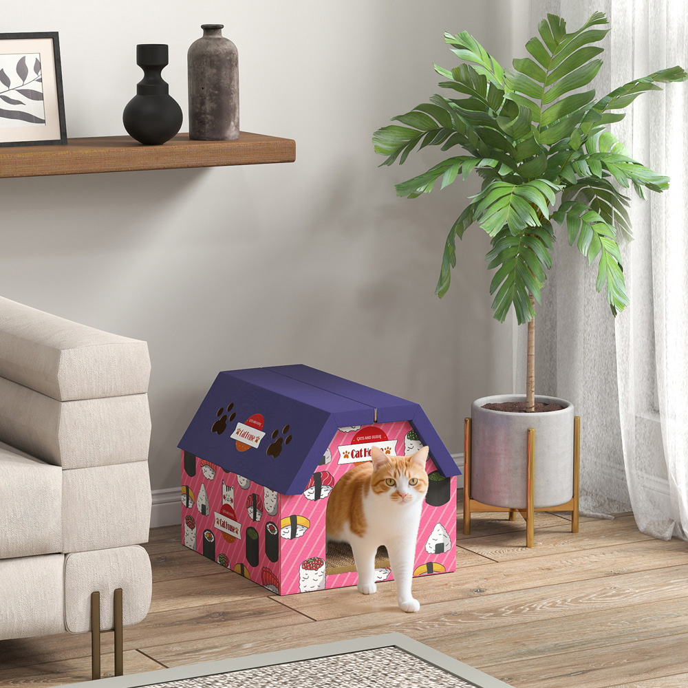 PawHut 2-in-1 Pink Cat Scratching Board House Image 3