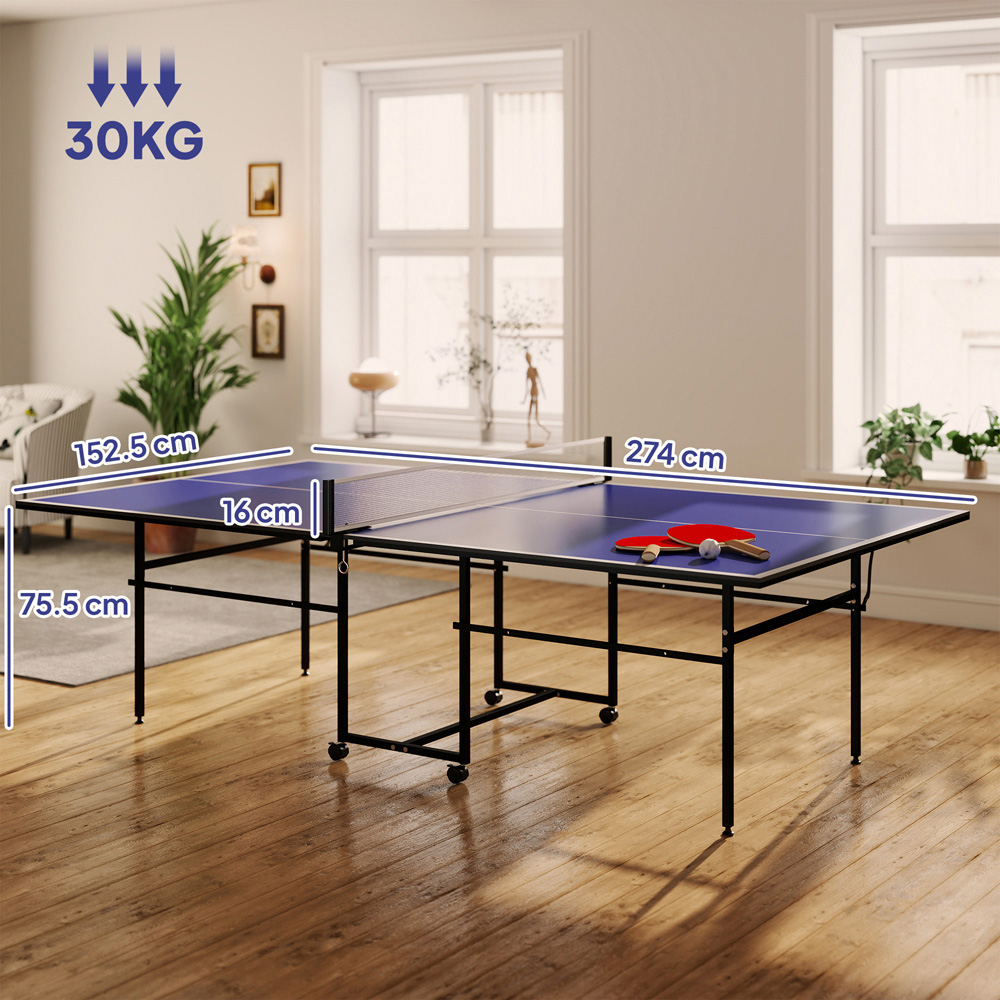 SPORTNOW Blue Foldable Indoor Tennis Table with 4 Wheels Image 9