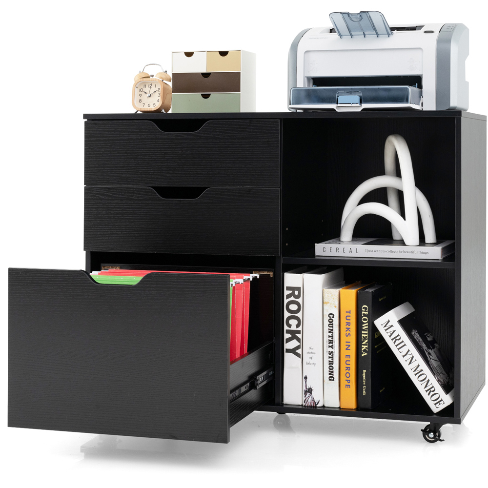 Costway 3 Drawer 2 Shelf Black Mobile File Cabinet Image 3