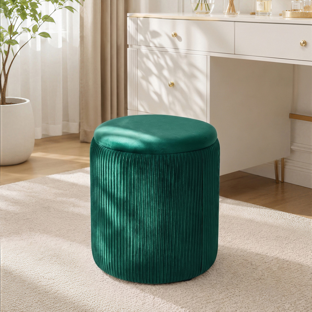 Living and Home Green Plush Round Storage Ottoman with Channel Tufting Image 8