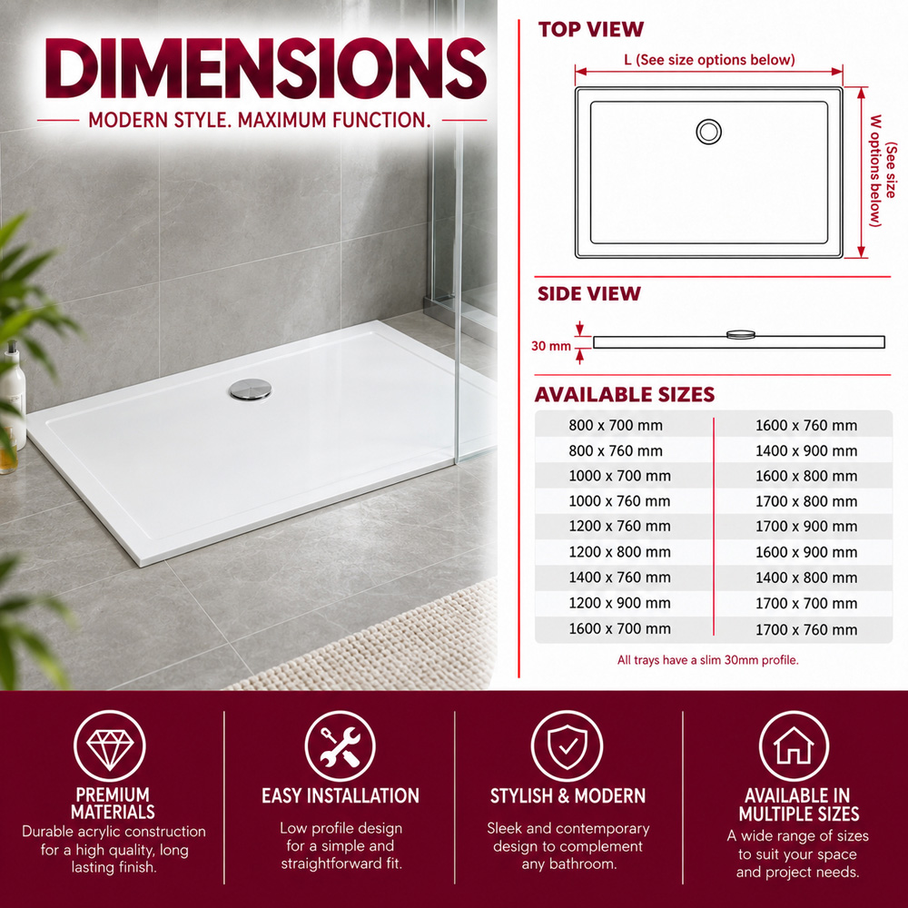 Go Bathrooms Slim Rectangular Shower Tray 1200 x 760mm Image 4