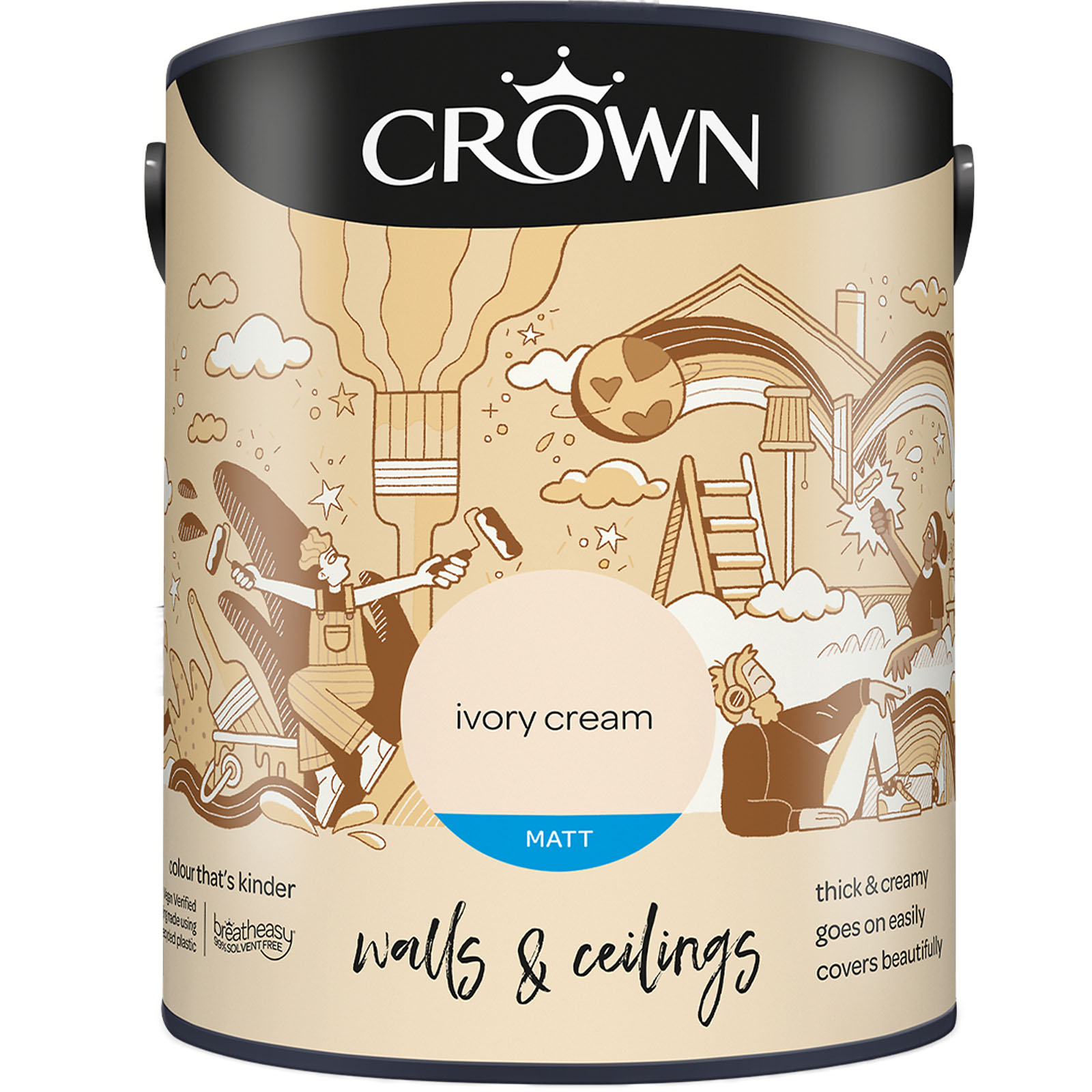 Crown Breatheasy Walls & Ceilings Ivory Cream Matt Emulsion Paint 5L Image 2