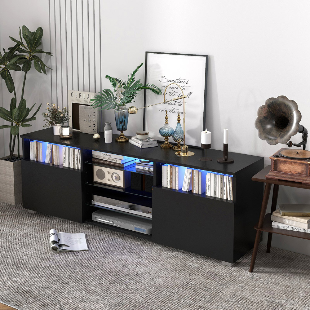 Costway 2 Door 6 Shelf Black TV Unit with LED Image 3